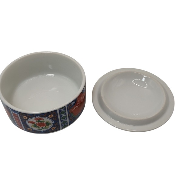 Takahashi Round Porcelain Trinket Box Porcelain Floral Peacock Blue Orange Japan - Picture 9 of 13